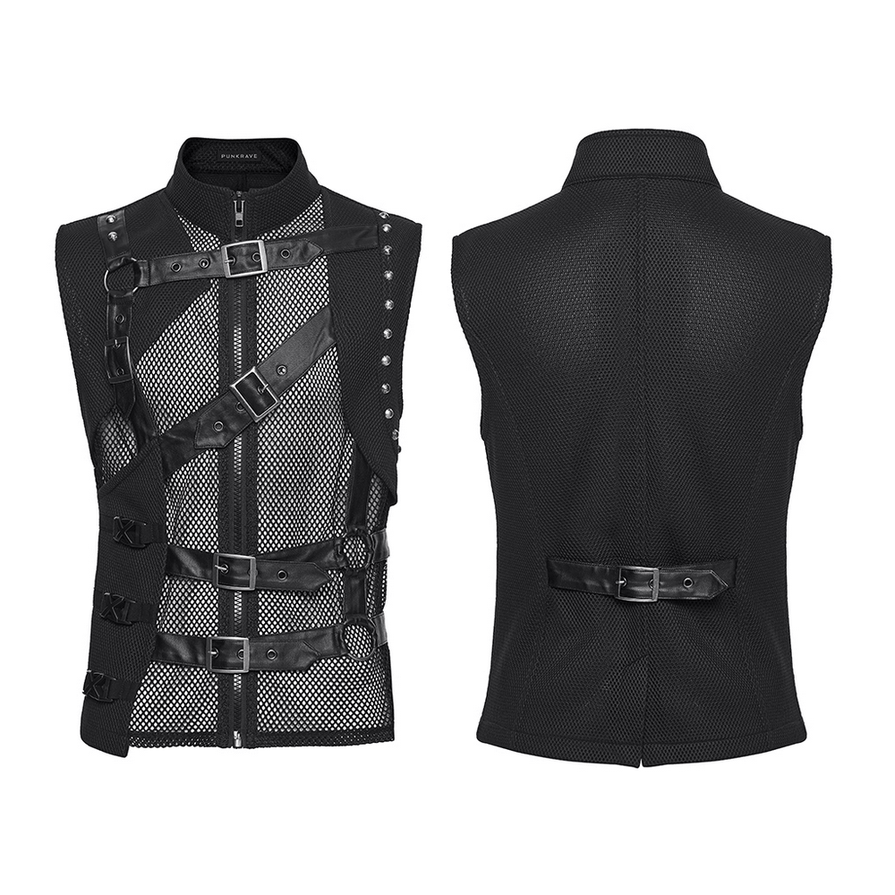 Men's Black Mesh Punk Vest with Buckle Straps