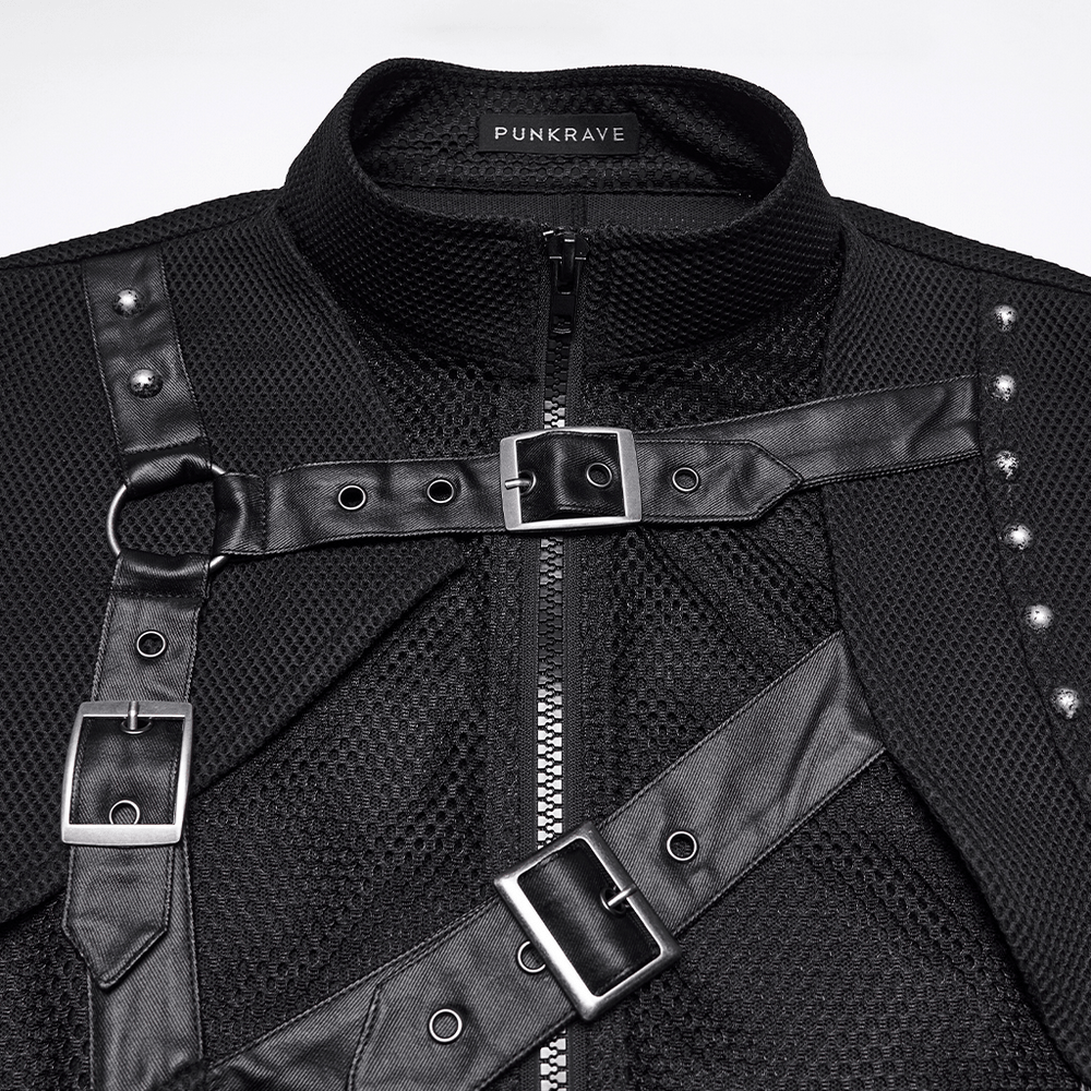Men's Black Mesh Punk Vest with Buckle Straps