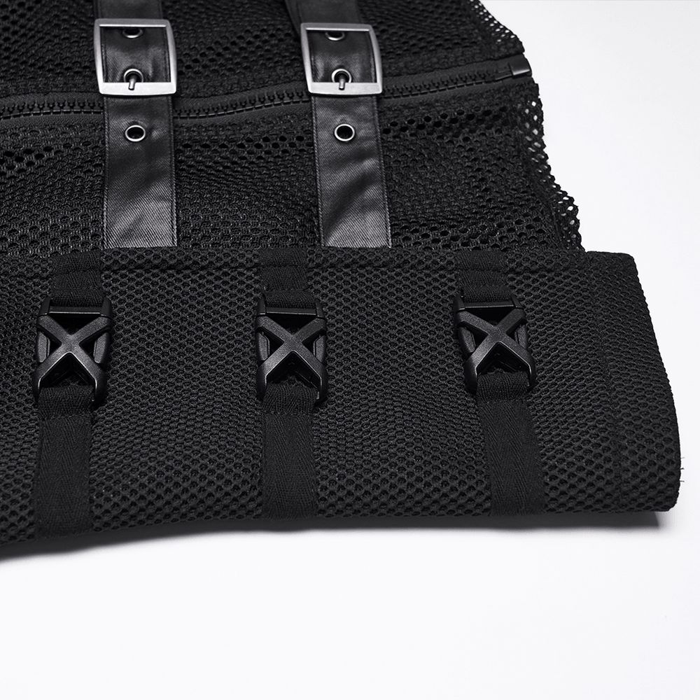 Men's Black Mesh Punk Vest with Buckle Straps