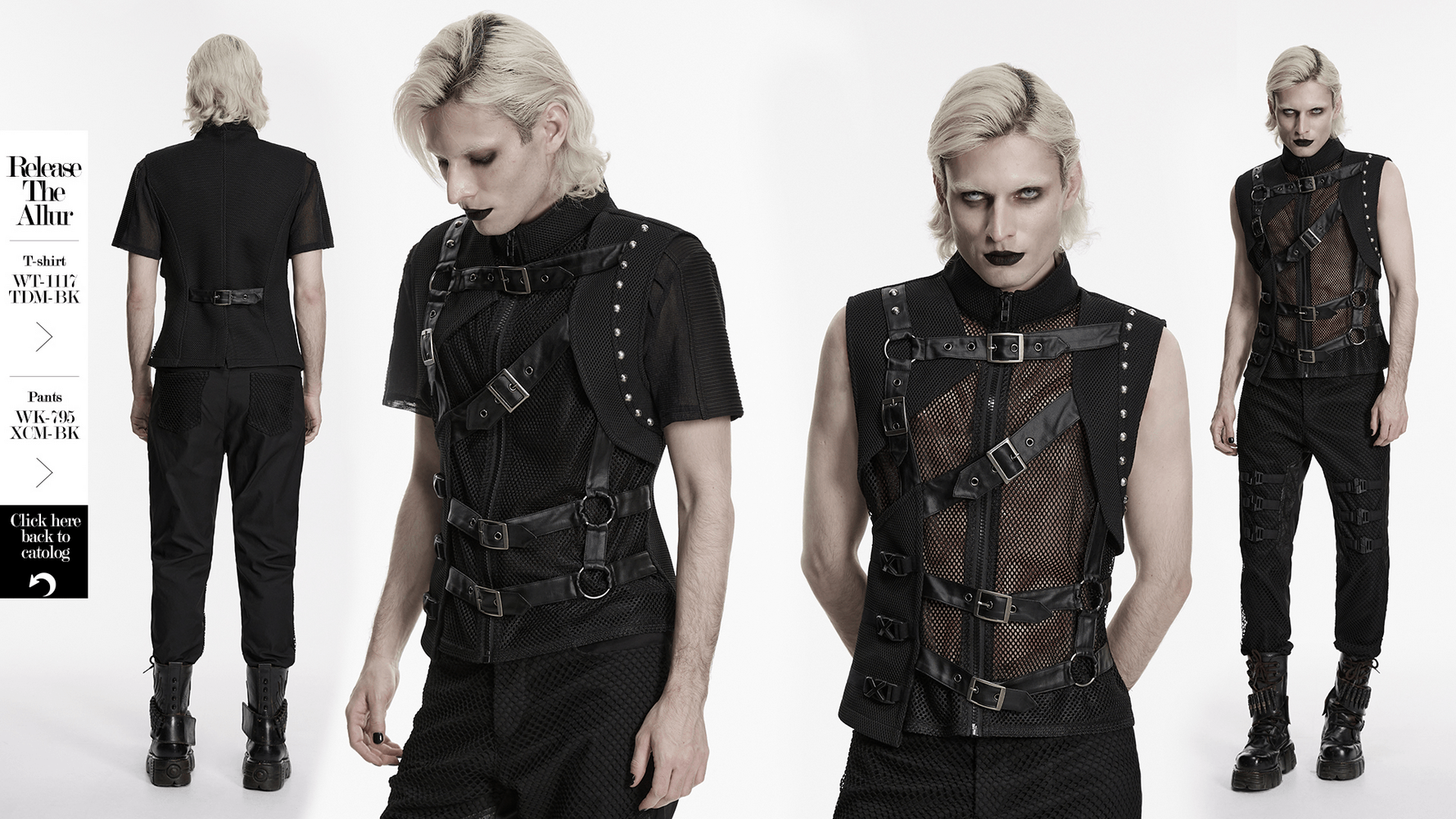 Men's Black Mesh Punk Vest with Buckle Straps