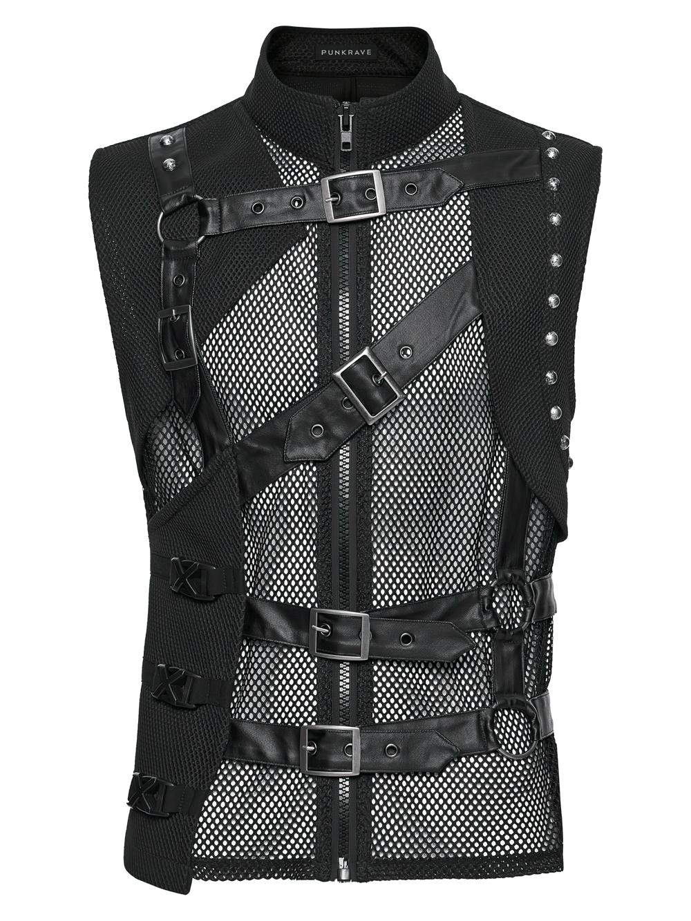 Men's Black Mesh Punk Vest with Buckle Straps