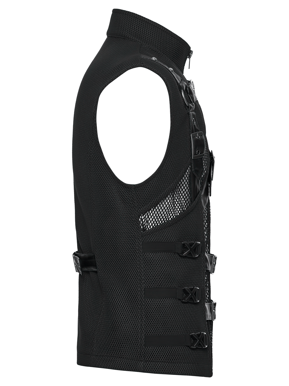 Men's Black Mesh Punk Vest with Buckle Straps