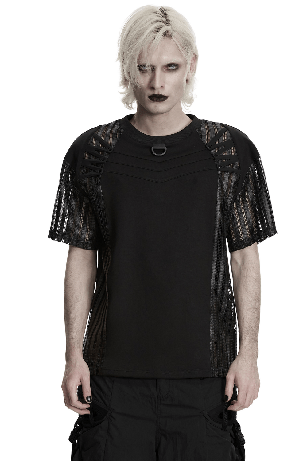 Men's Black Mesh Sleeved Tactical Gothic T-Shirt featuring mesh cage sleeves and cyberpunk details.