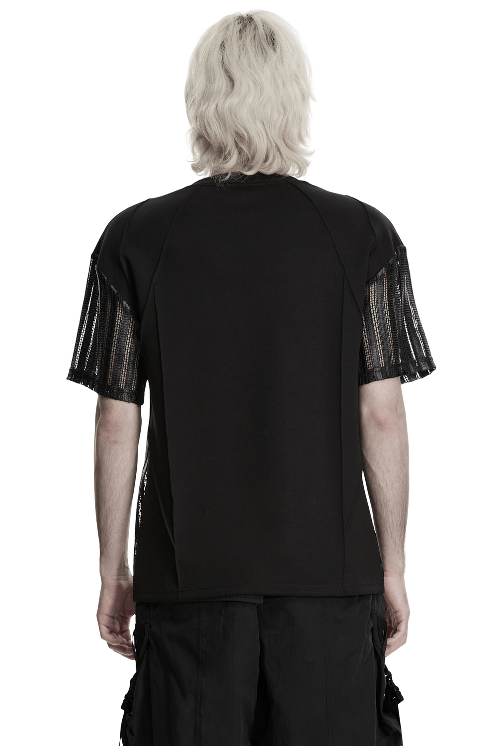 Men's Black Mesh Sleeved Tactical Gothic T-Shirt showcasing mesh cage sleeves and asymmetric design from the back.