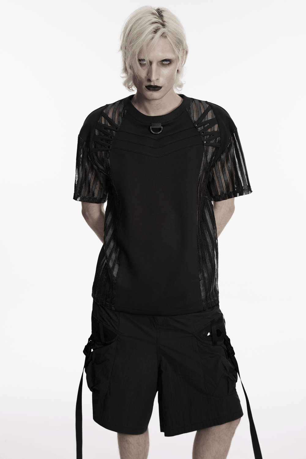Men's Black Mesh Sleeved Tactical Gothic T-Shirt featuring mesh cage sleeves and a cyberpunk design.