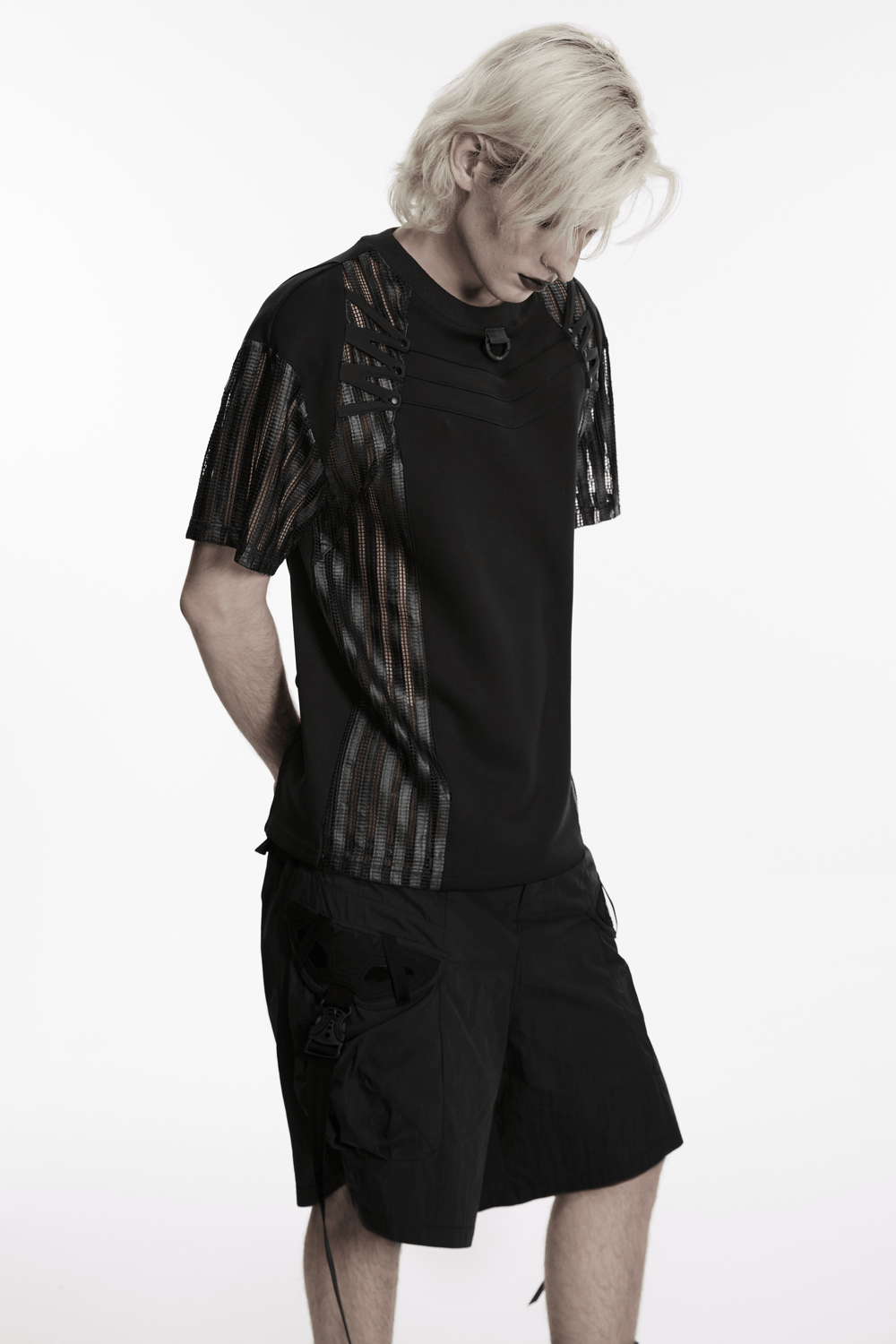 Men's Black Mesh Sleeved Tactical Gothic T-Shirt with asymmetric splicing and mesh cage sleeves.