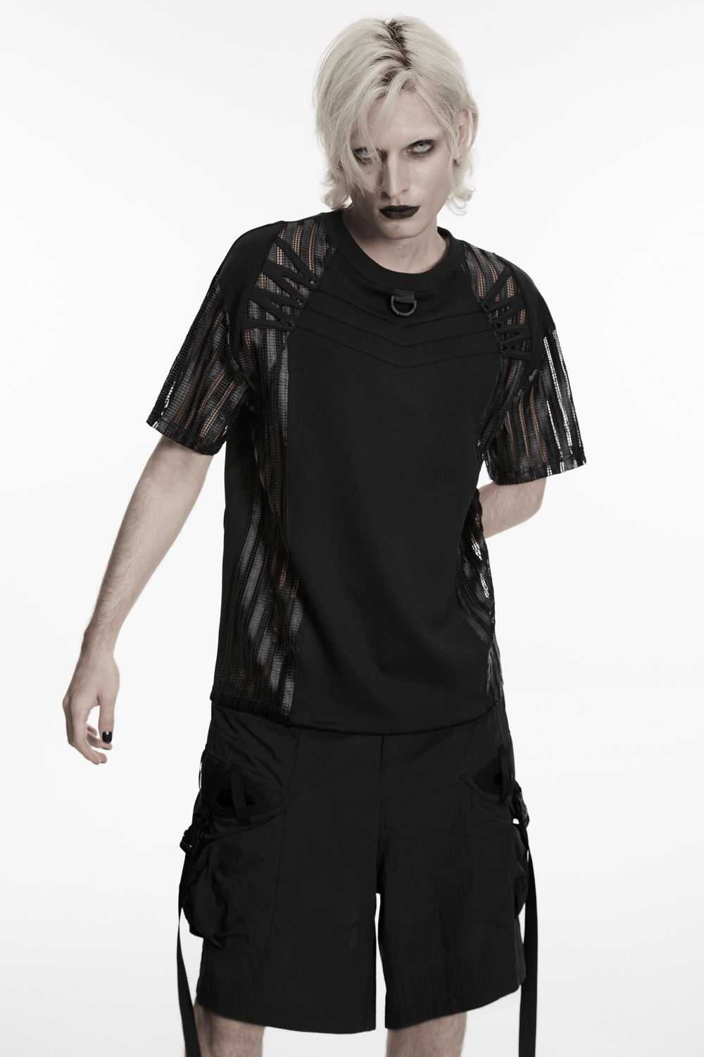 Men's Black Mesh Sleeved Tactical Gothic T-Shirt featuring mesh cage sleeves and a cyberpunk design.