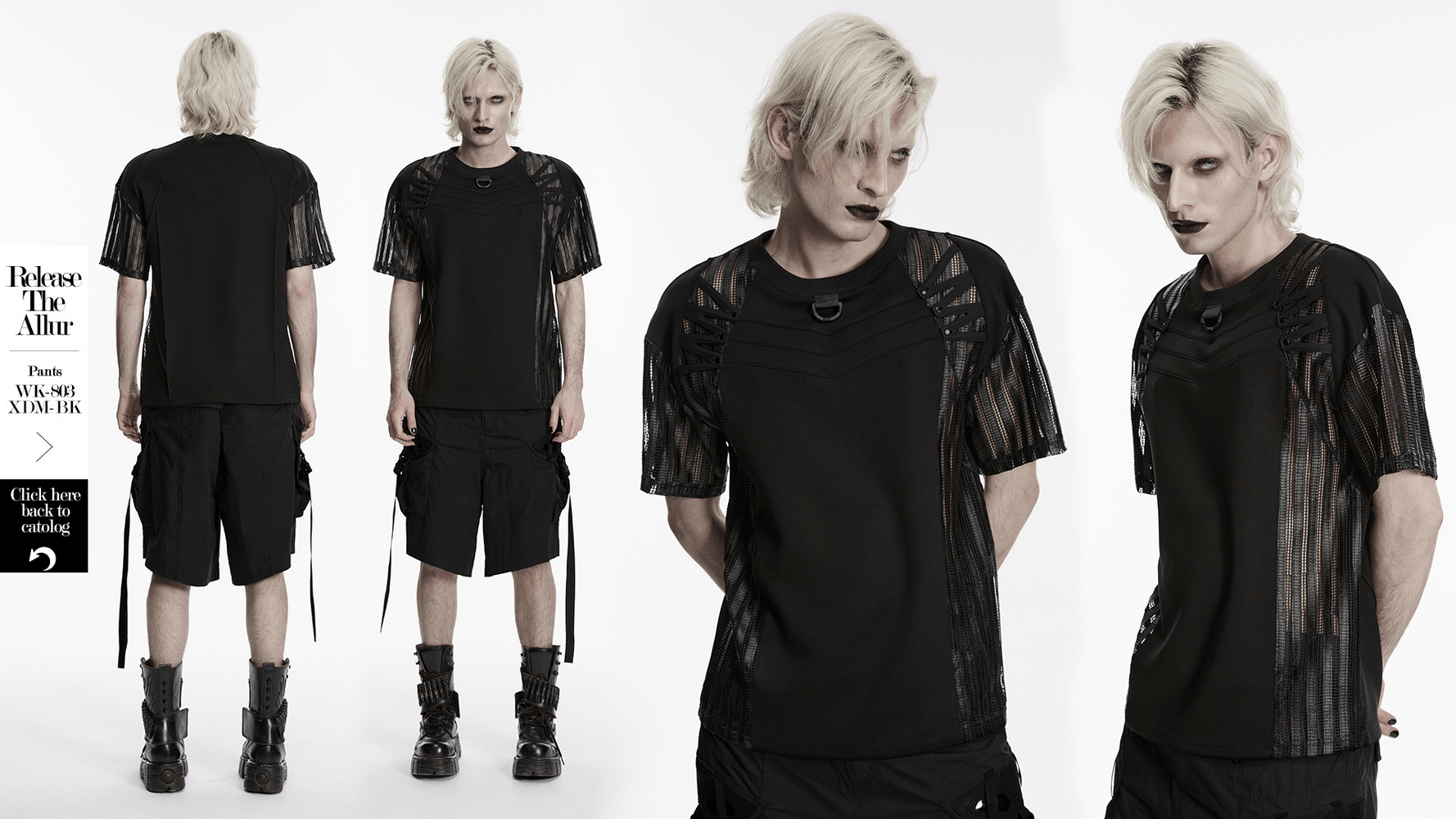 Men's Black Mesh Sleeved Tactical Gothic T-Shirt worn by a model showcasing a deconstructed cyberpunk look.