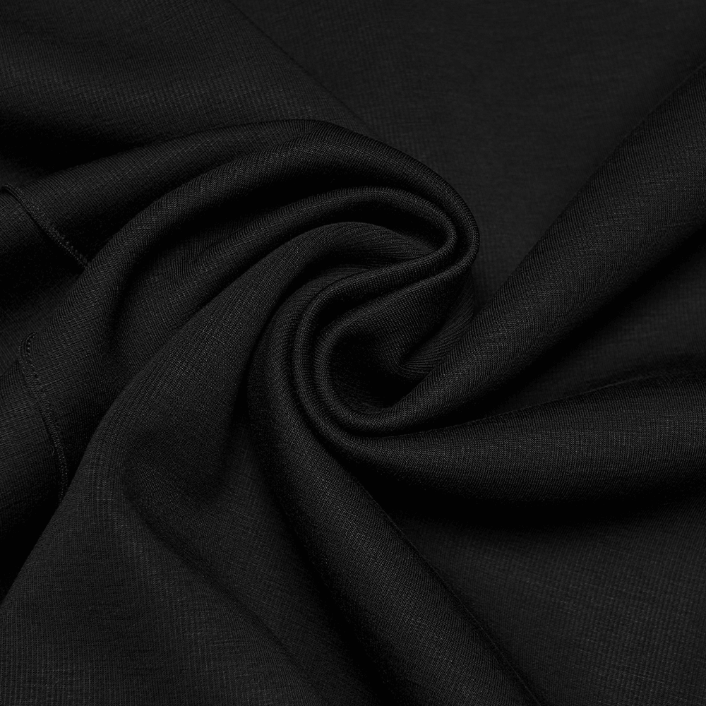 Close-up view of the fabric texture for Men's Black Mesh Sleeved Tactical Gothic T-Shirt, showcasing smooth black knit.