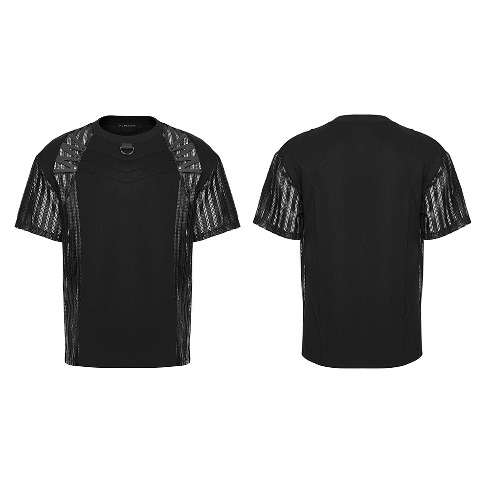 Men's Black Mesh Sleeved Tactical Gothic T-Shirt showcasing mesh cage sleeves and tactical design details.