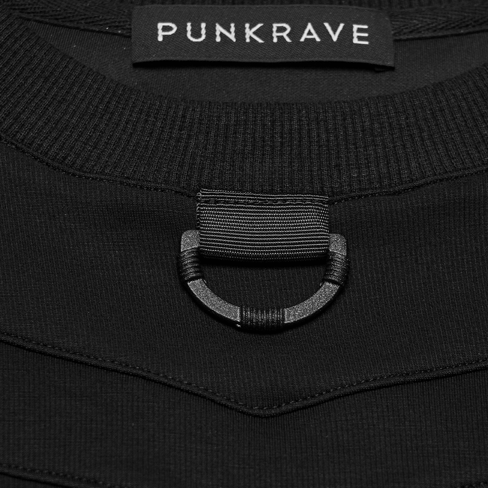 Close-up of the black D-ring collar detail on the Men's Black Mesh Sleeved Tactical Gothic T-Shirt.