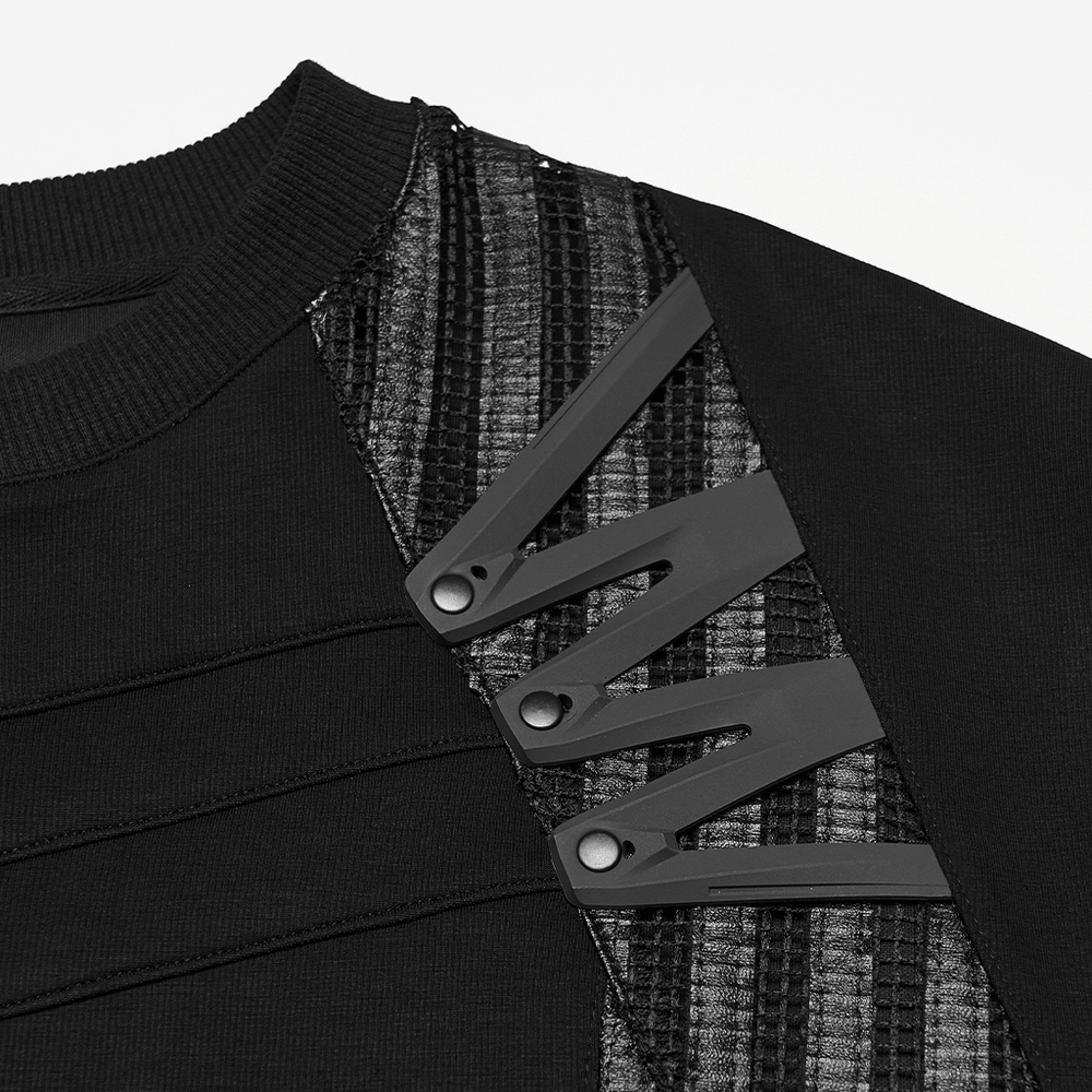 Men's Black Mesh Sleeved Tactical Gothic T-Shirt showing detailed mesh and rubber patch design.