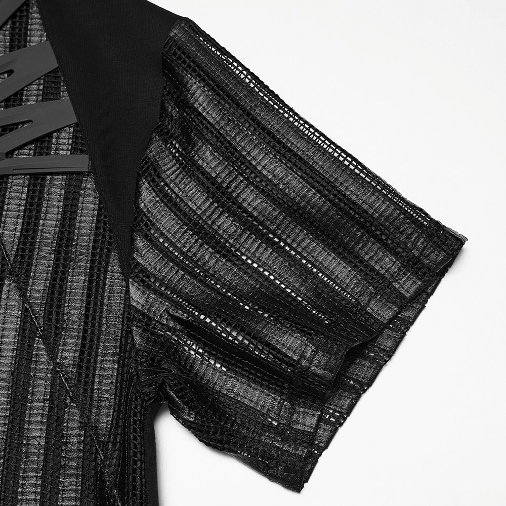 Men's Black Mesh Sleeved Tactical Gothic T-Shirt with stylish mesh cage sleeves and asymmetric design.