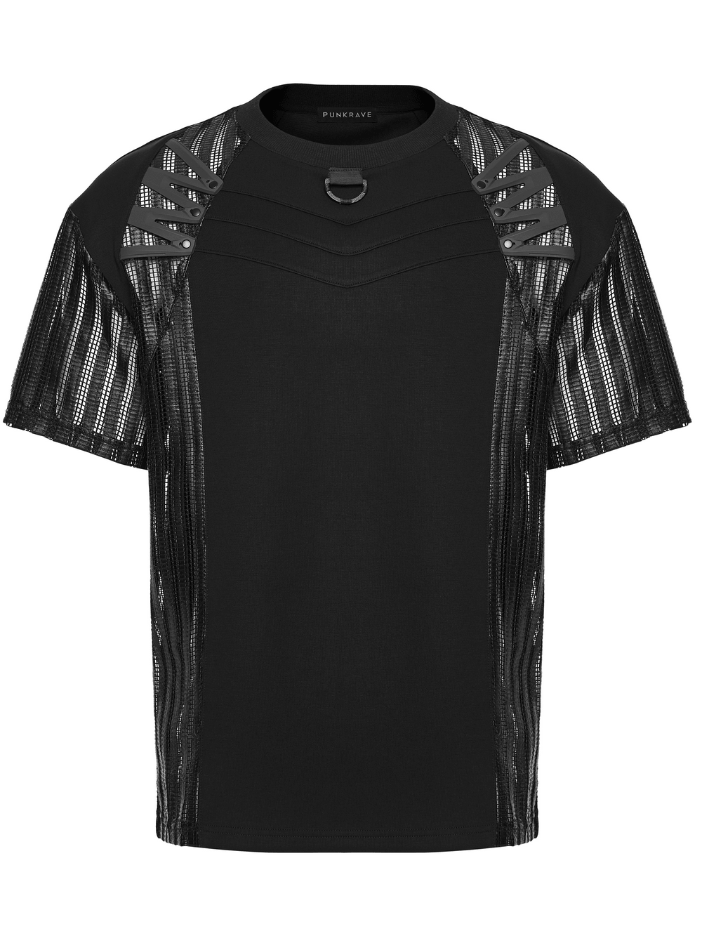 Men's Black Mesh Sleeved Tactical Gothic T-Shirt featuring mesh sleeves and deconstructed cyberpunk style.