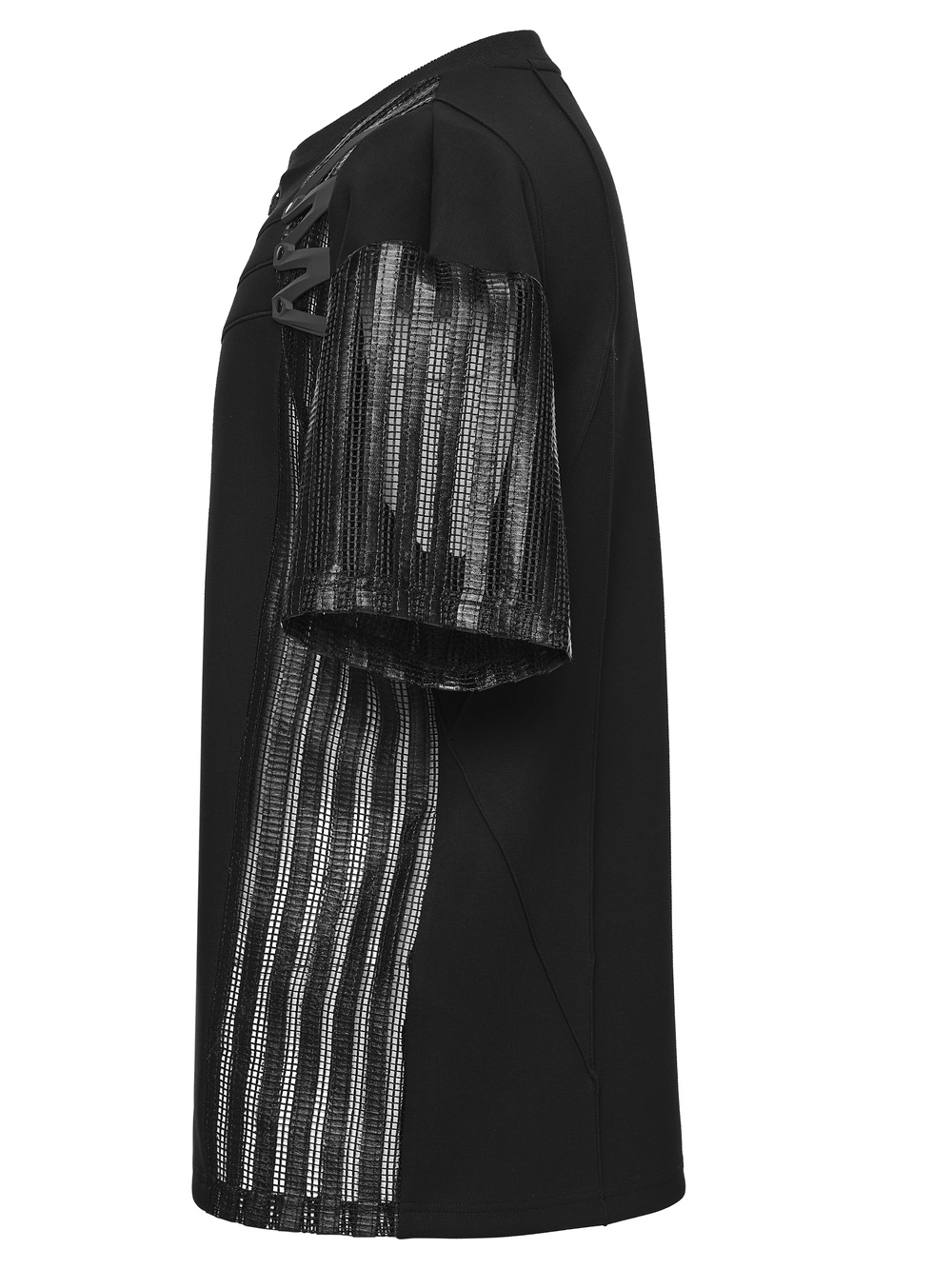 Men's Black Mesh Sleeved Tactical Gothic T-Shirt showcasing mesh cage sleeves and a stylish asymmetric design.