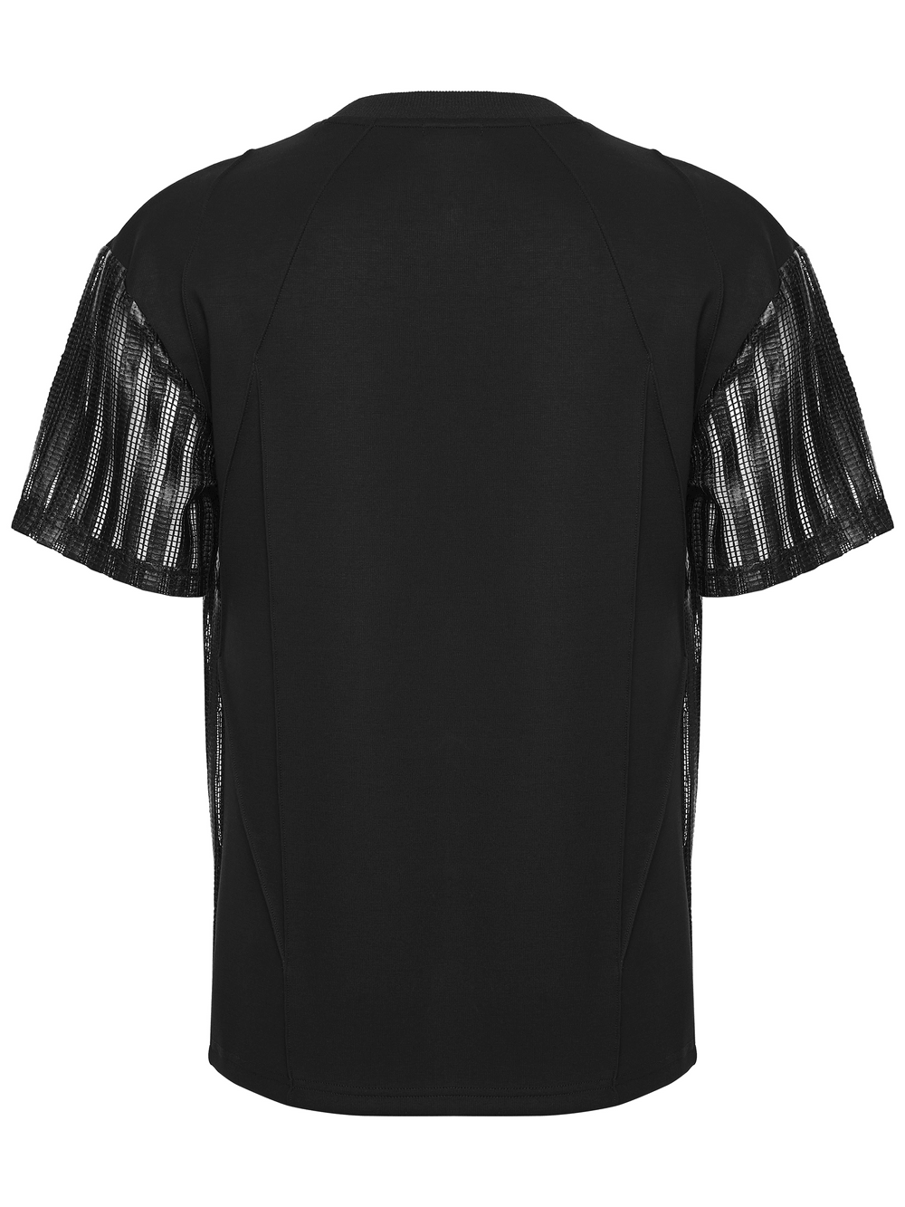 Men's Black Mesh Sleeved Tactical Gothic T-Shirt, showcasing mesh cage sleeves and a sleek black finish.