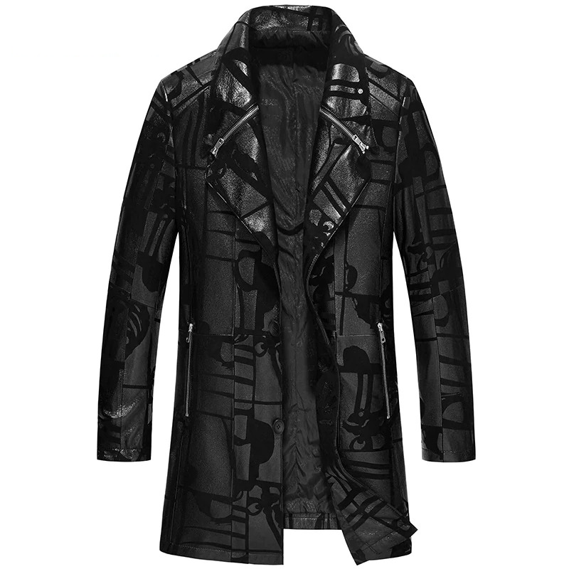 Men's Black Natural Leather trench coat with Print / Casual Autumn fitted outerwear of sheepskin - HARD'N'HEAVY