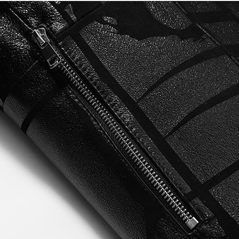 Men's Black Natural Leather trench coat with Print / Casual Autumn fitted outerwear of sheepskin - HARD'N'HEAVY