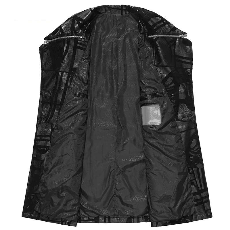 Men's Black Natural Leather trench coat with Print / Casual Autumn fitted outerwear of sheepskin - HARD'N'HEAVY