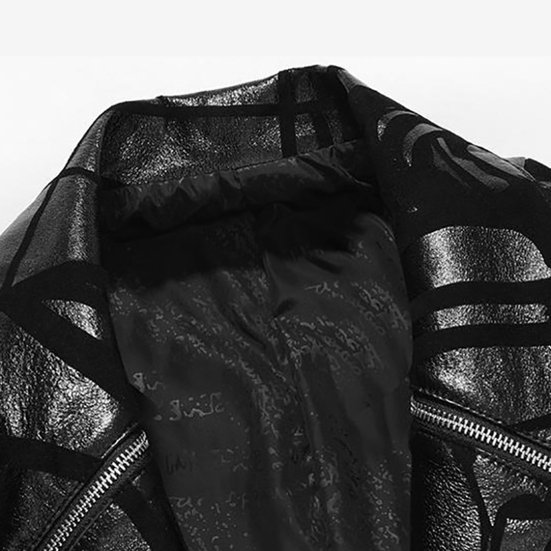 Men's Black Natural Leather trench coat with Print / Casual Autumn fitted outerwear of sheepskin - HARD'N'HEAVY