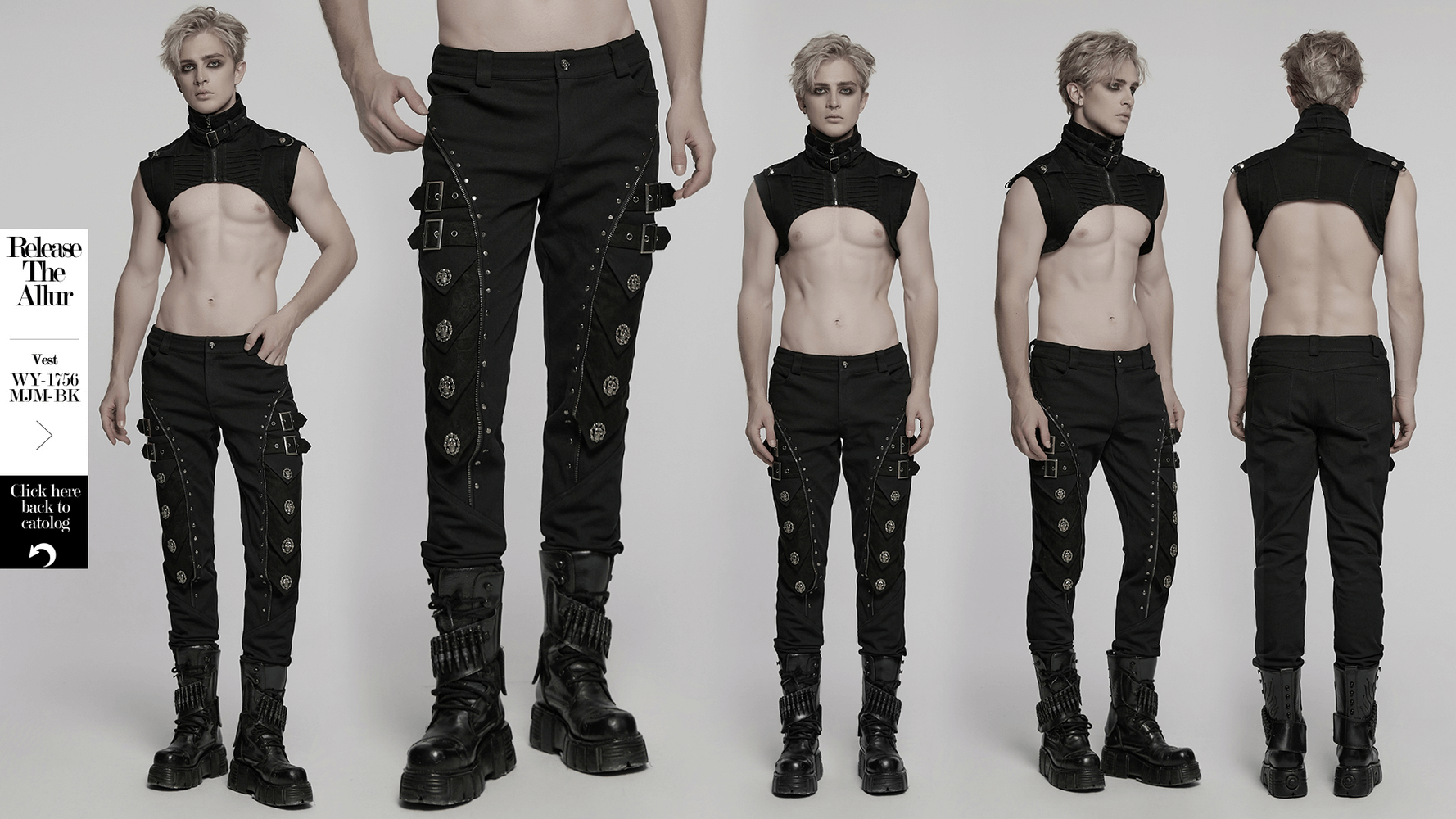 Men's black punk pants with rivets and buckle straps, showcasing gothic armor style and edgy design in alternative fashion.