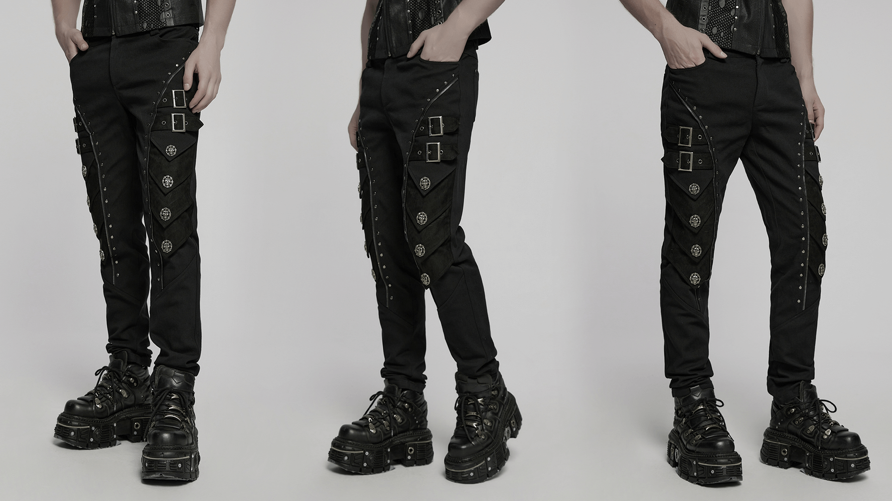 Men's black pants with skull rivets, buckle straps, and armor panels for punk alternative fashion.