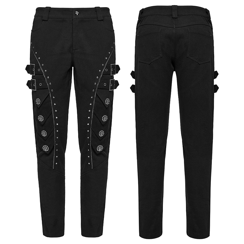 Men's black punk pants with skull rivets, buckle straps, and edgy design for alternative streetwear.