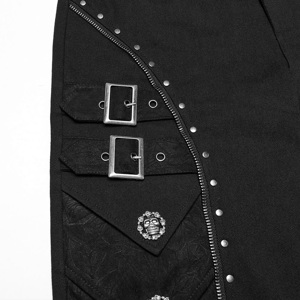 Men's black punk pants featuring skull rivets, buckle straps, and zippers for a gothic streetwear style.