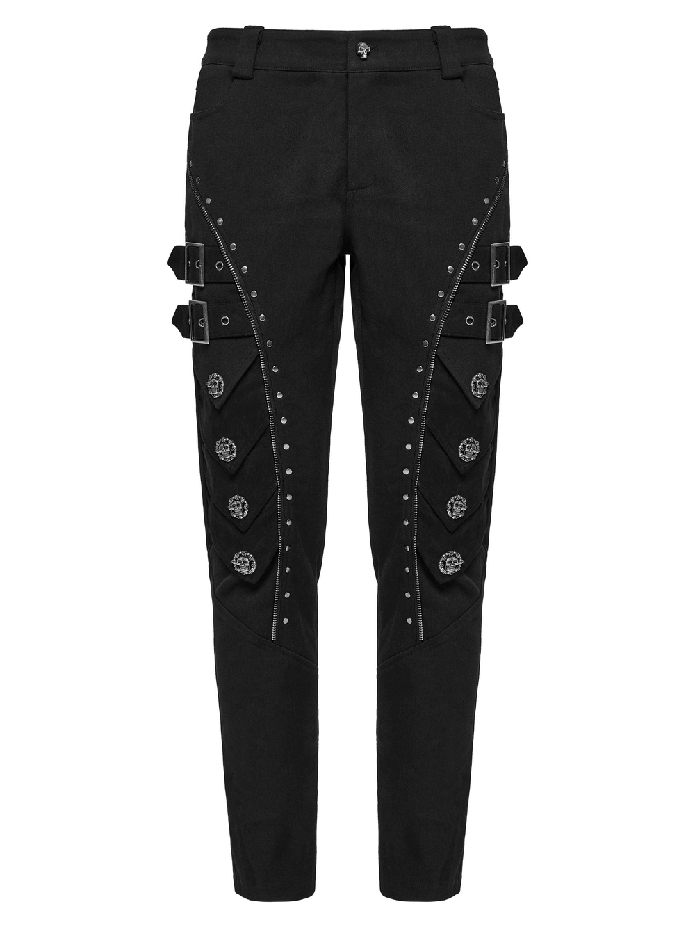 Men's black punk pants with skull rivets and buckle straps, perfect for gothic and alternative streetwear.