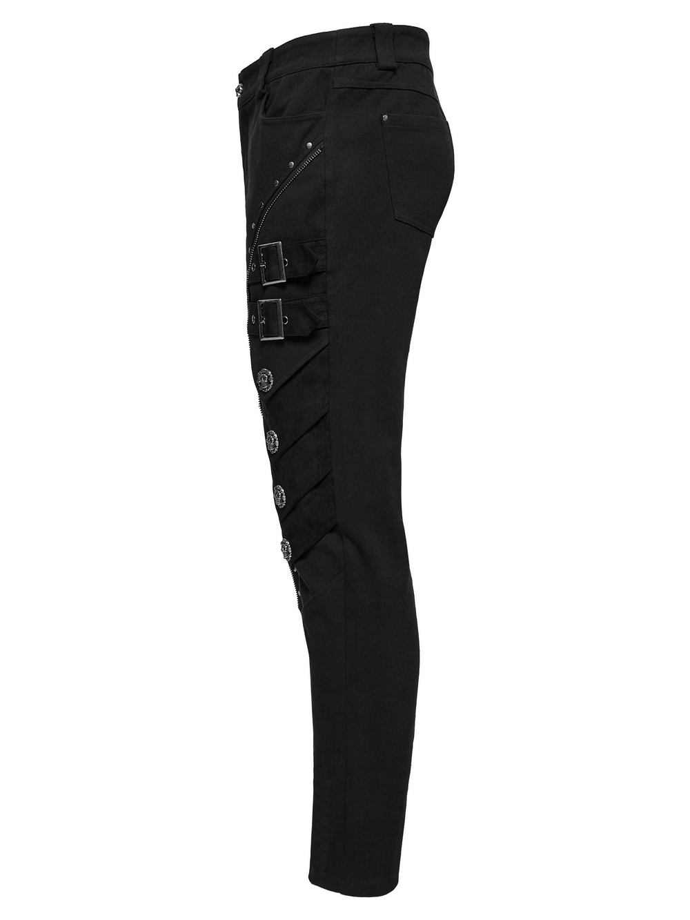 Men's black punk pants with skull rivets and buckle straps, perfect for gothic streetwear.
