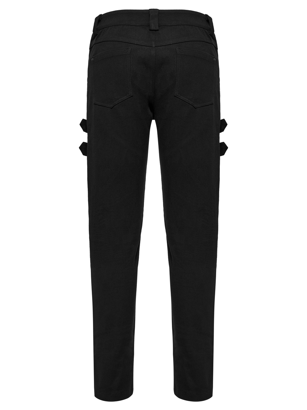 Men's black punk pants with buckle straps and skull rivets, showcasing a gothic style and tactical elements.