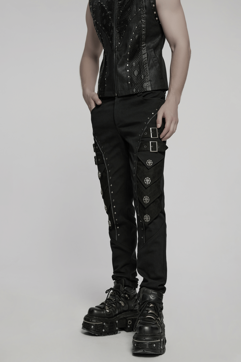 Men's black pants with rivets and buckles, showcasing gothic punk style and armor-inspired design.