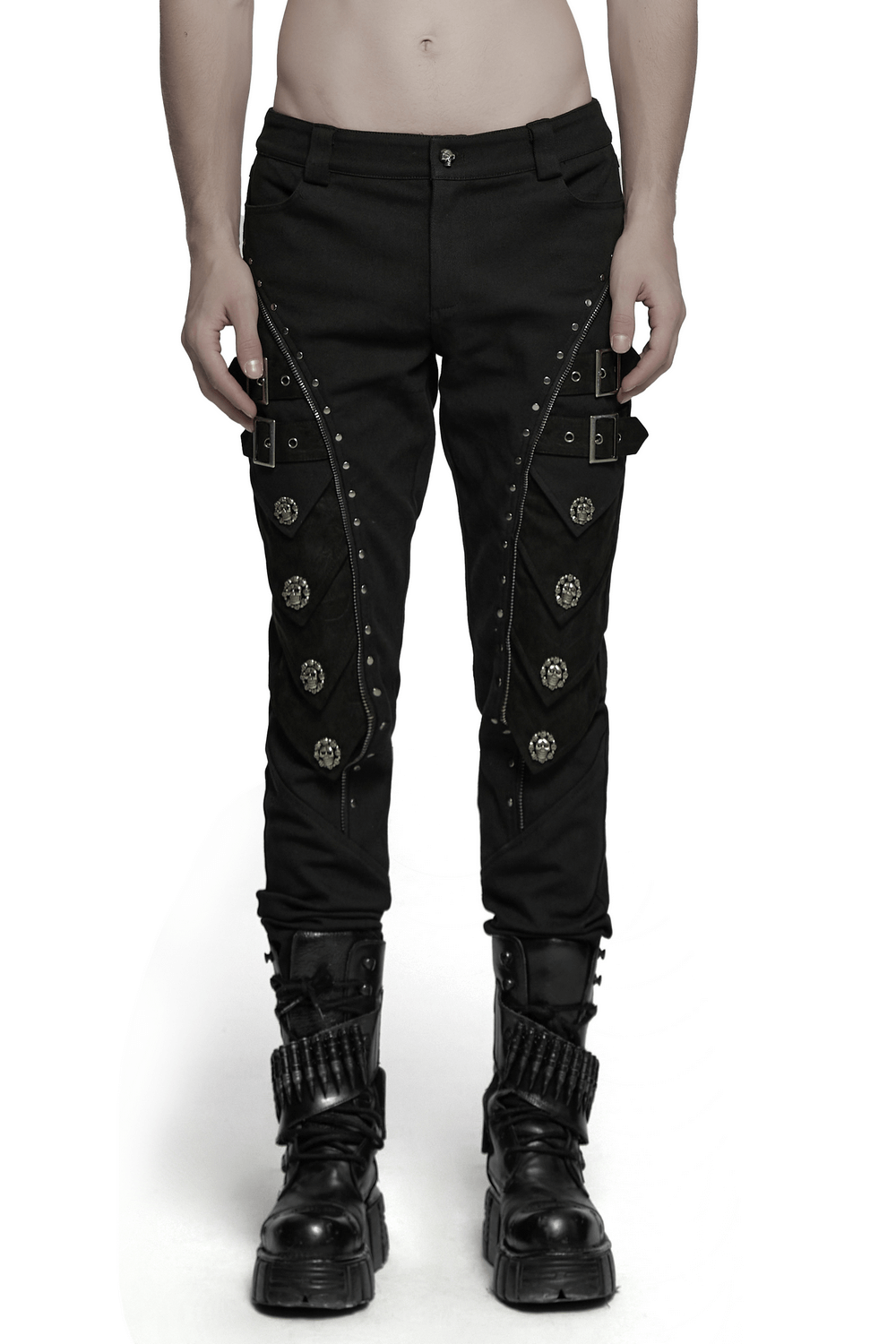 Men's black punk pants with skull rivets and buckle straps, perfect for dark fashion and streetwear.