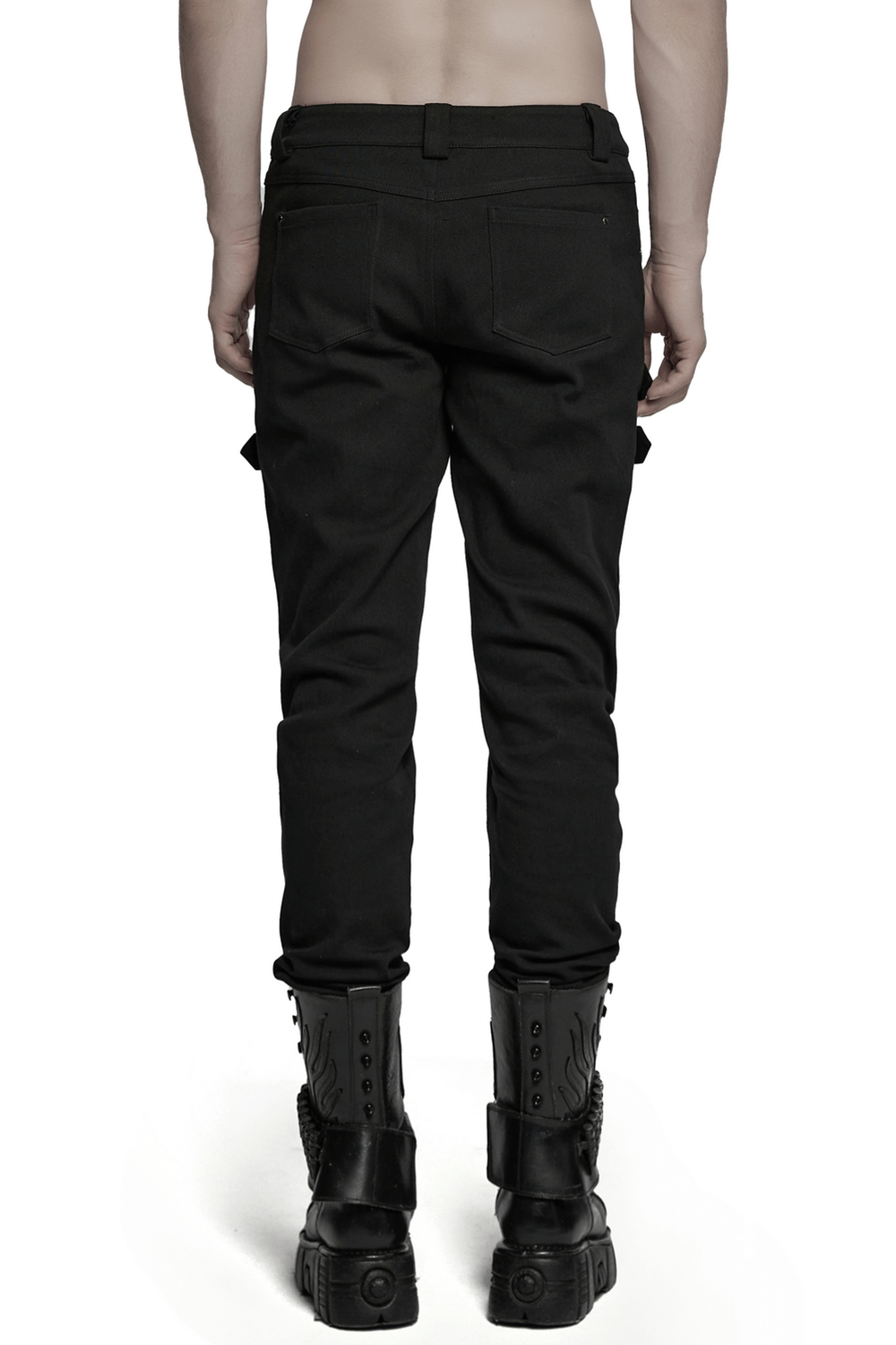 Men's black punk pants with rivets and buckle straps, showcasing a gothic look and tactical style
