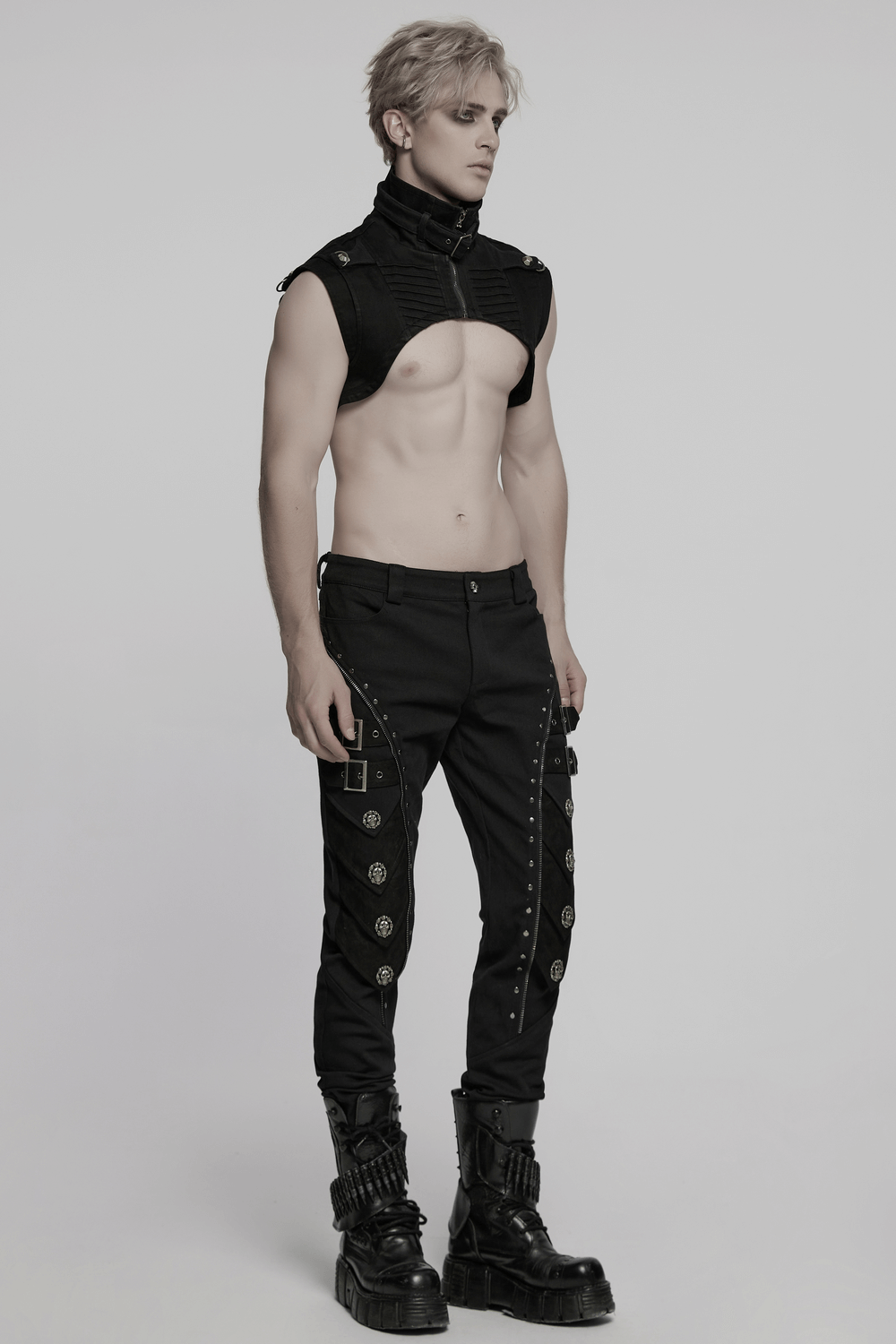 Men's black punk pants with skull rivets and buckle straps for dark fashion style