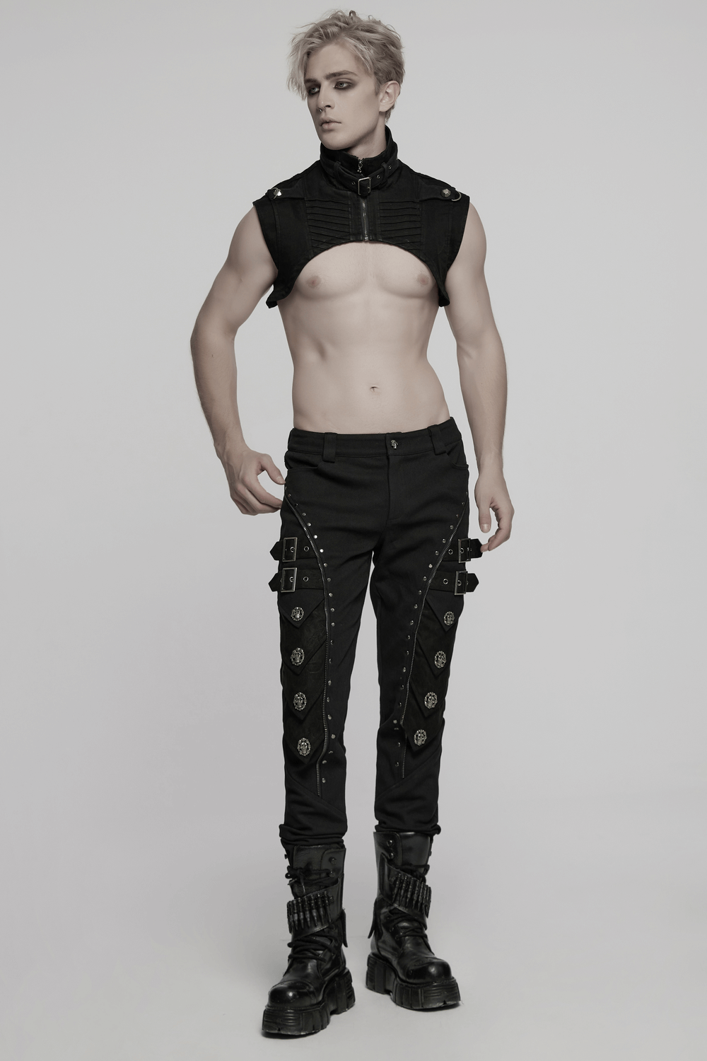 Men's black punk pants with rivets and buckle straps, showcasing gothic style and armor-inspired details.