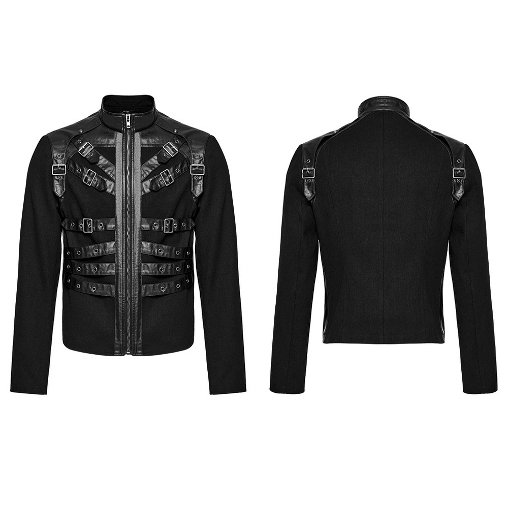 Men's black punk jacket featuring buckle straps and a front zipper for edgy biker style.