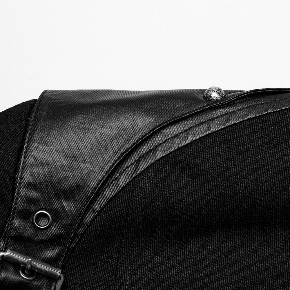Close-up of a men's black punk jacket showcasing the leather shoulder and metallic details, perfect for edgy style.