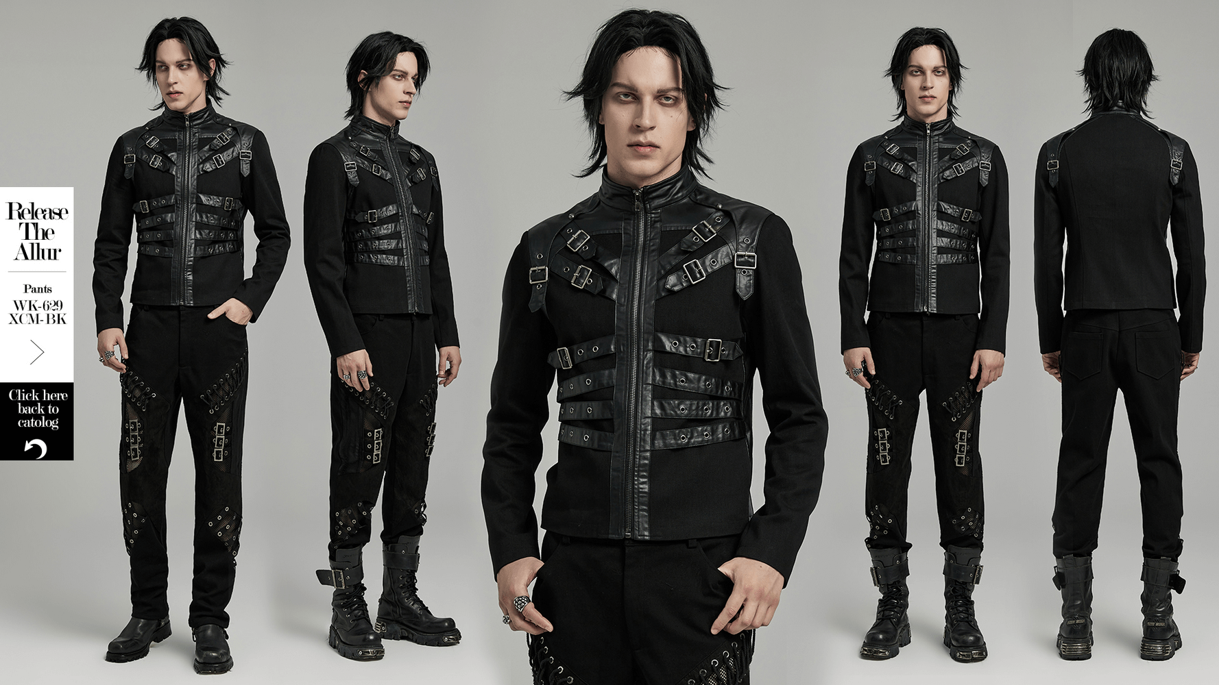 Men's black punk jacket with buckles and zipper, featuring stylish eyelets and edgy design details.