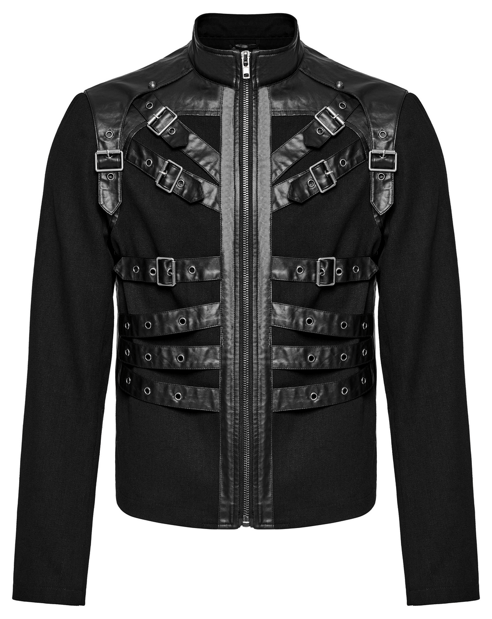 Men's black punk jacket with buckles and zipper, featuring edgy design and eyelet loops for a rebel look.