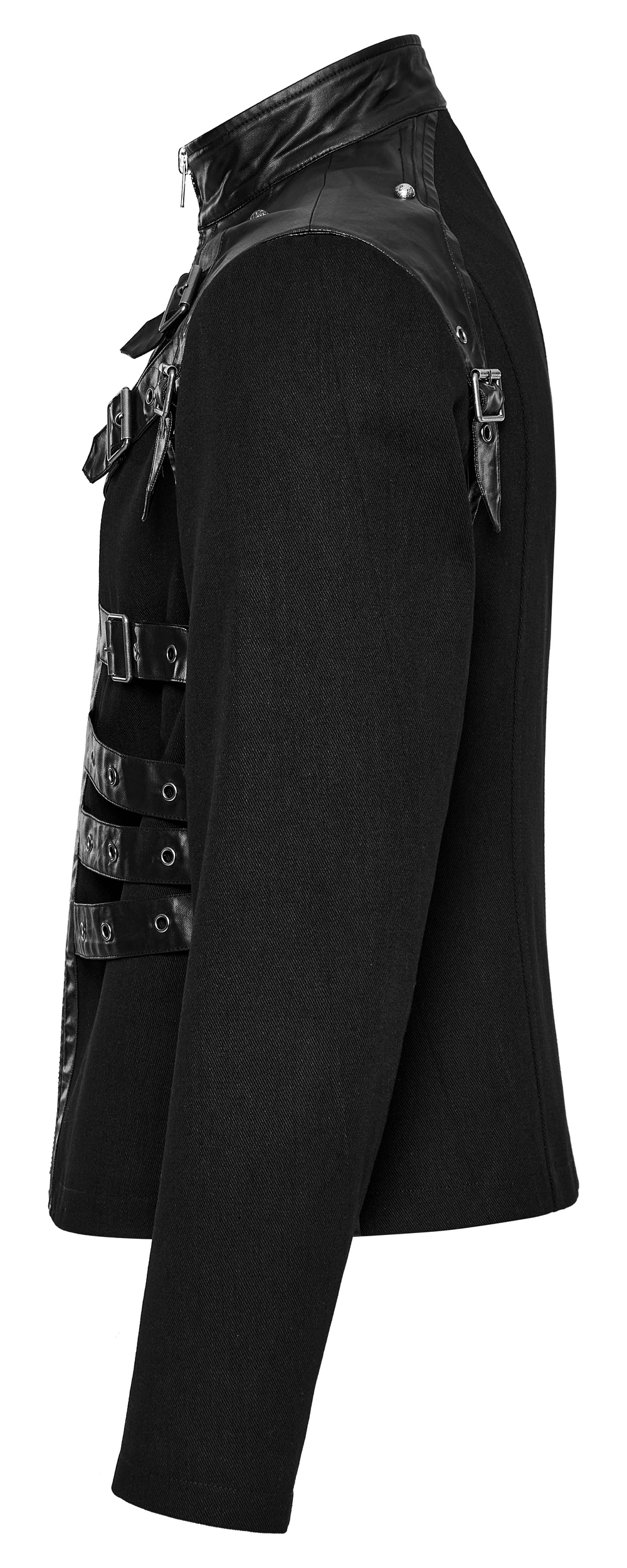 Men's black punk jacket featuring eyelet straps, metal buckles, and a sleek zipper for an edgy biker look.