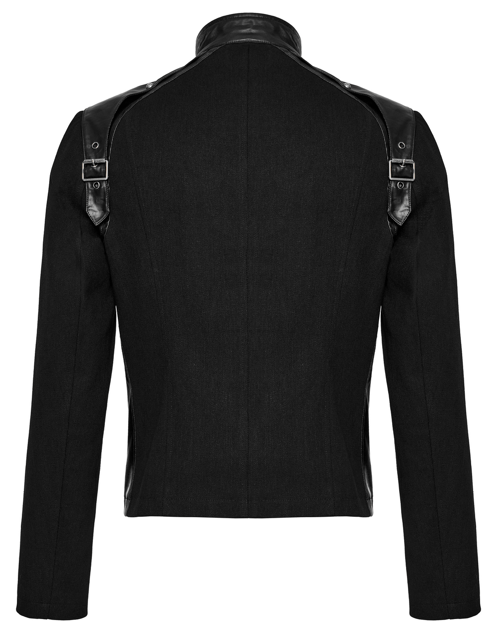 Back view of men's black punk biker jacket with eyelet loop straps and metal buckles for edgy style.
