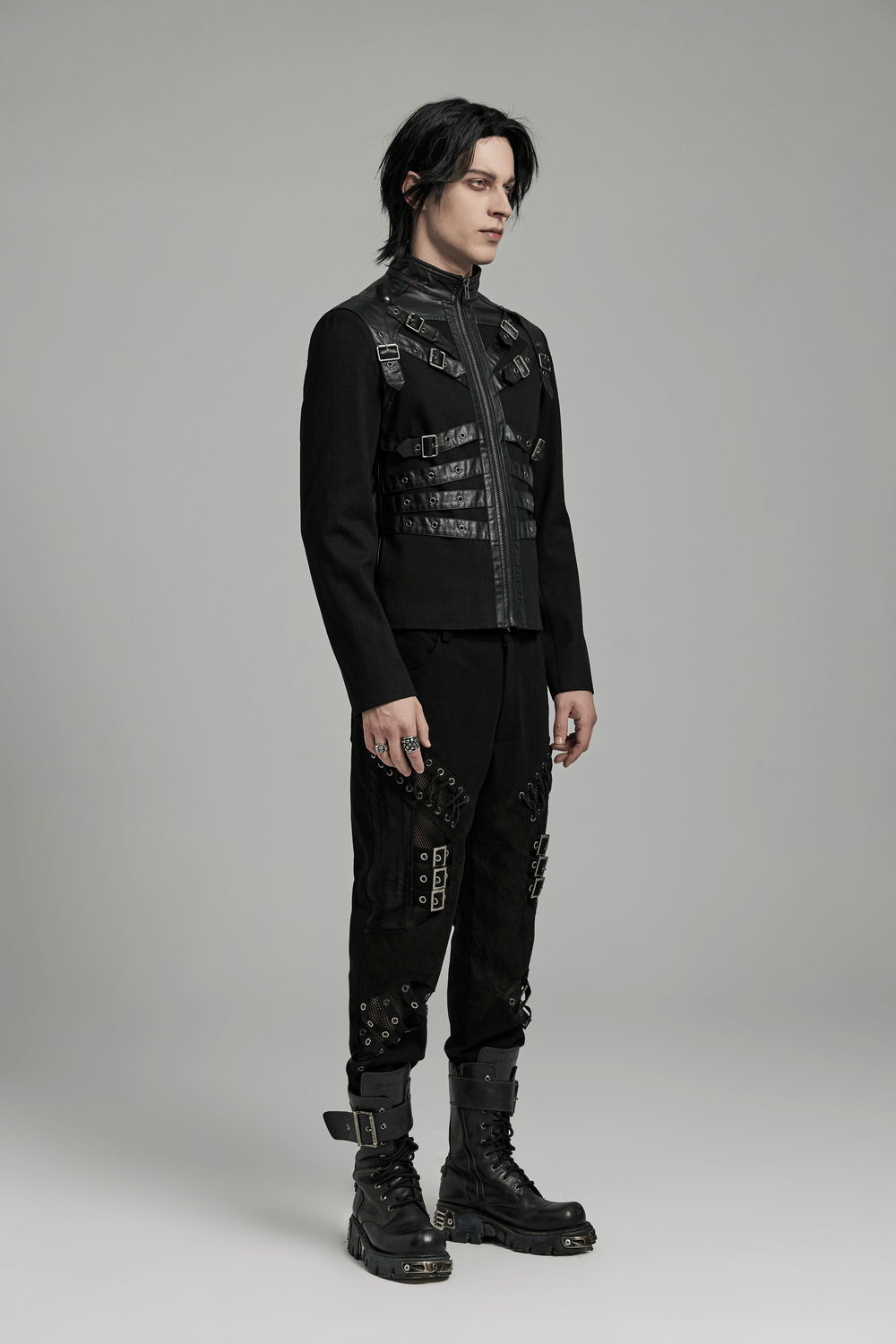 Men's black punk jacket with buckles, eyelet details, and stylish biker-inspired look.