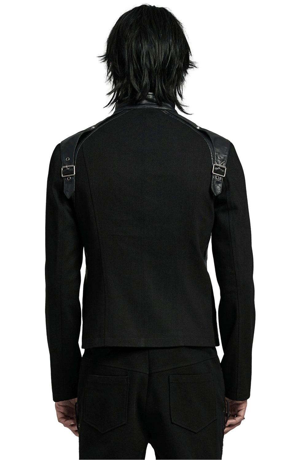 Men's black punk jacket with buckles, showcasing edgy design from the back, perfect for a stylish biker look.