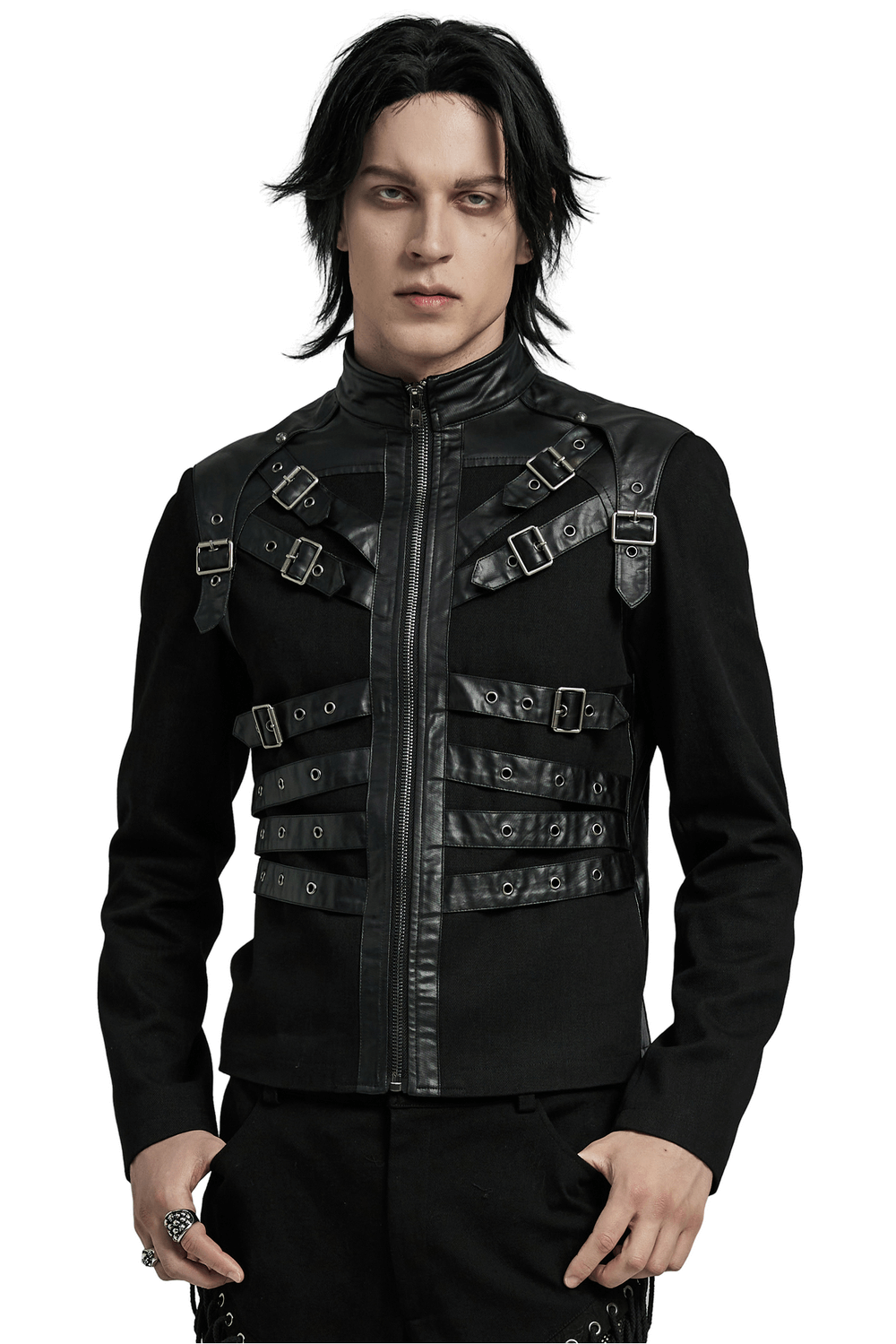 Men's black punk jacket with buckles and zipper, showcasing an edgy style and unique eyelet details.