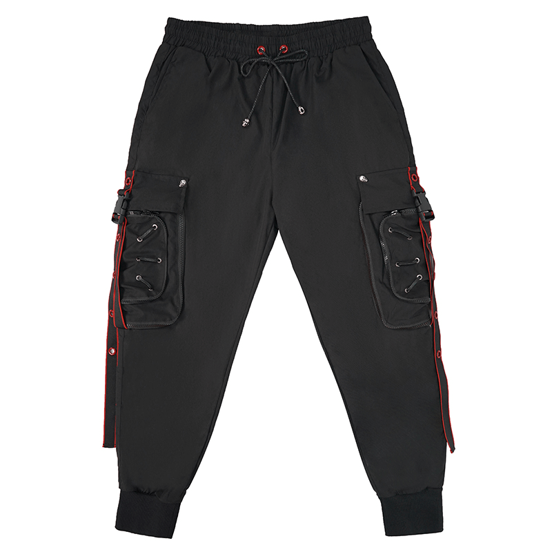 Men's black punk cargo trousers with red accents and side straps, stylish and comfortable loose fit pants.