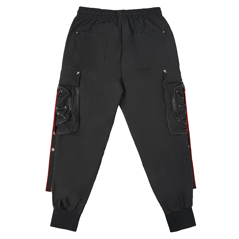 Men's black punk long cargo trousers with red accents on waist and side straps, featuring a loose fit and stylish design.
