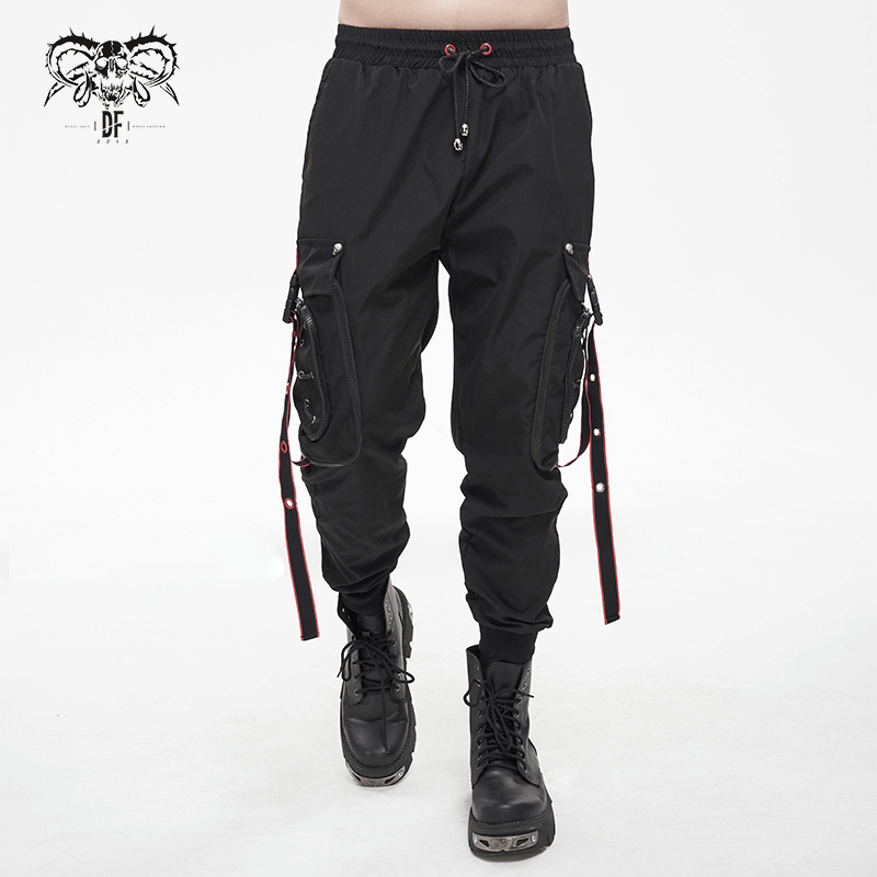 Men's black punk cargo trousers with red accents and side straps, perfect for a stylish, comfortable look.