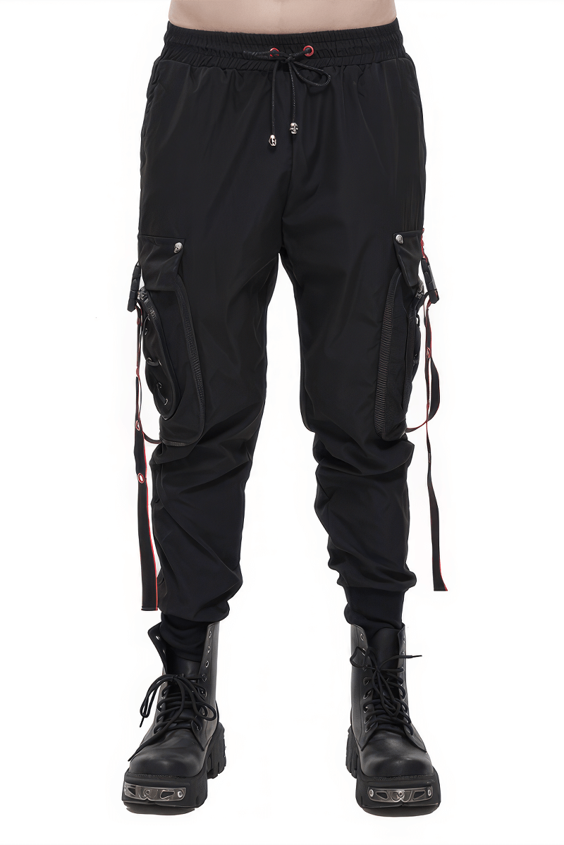 Men's Black Punk Long Cargo Trousers / Fashion Male Pants with Red Accents On Waist And Side Straps - HARD'N'HEAVY