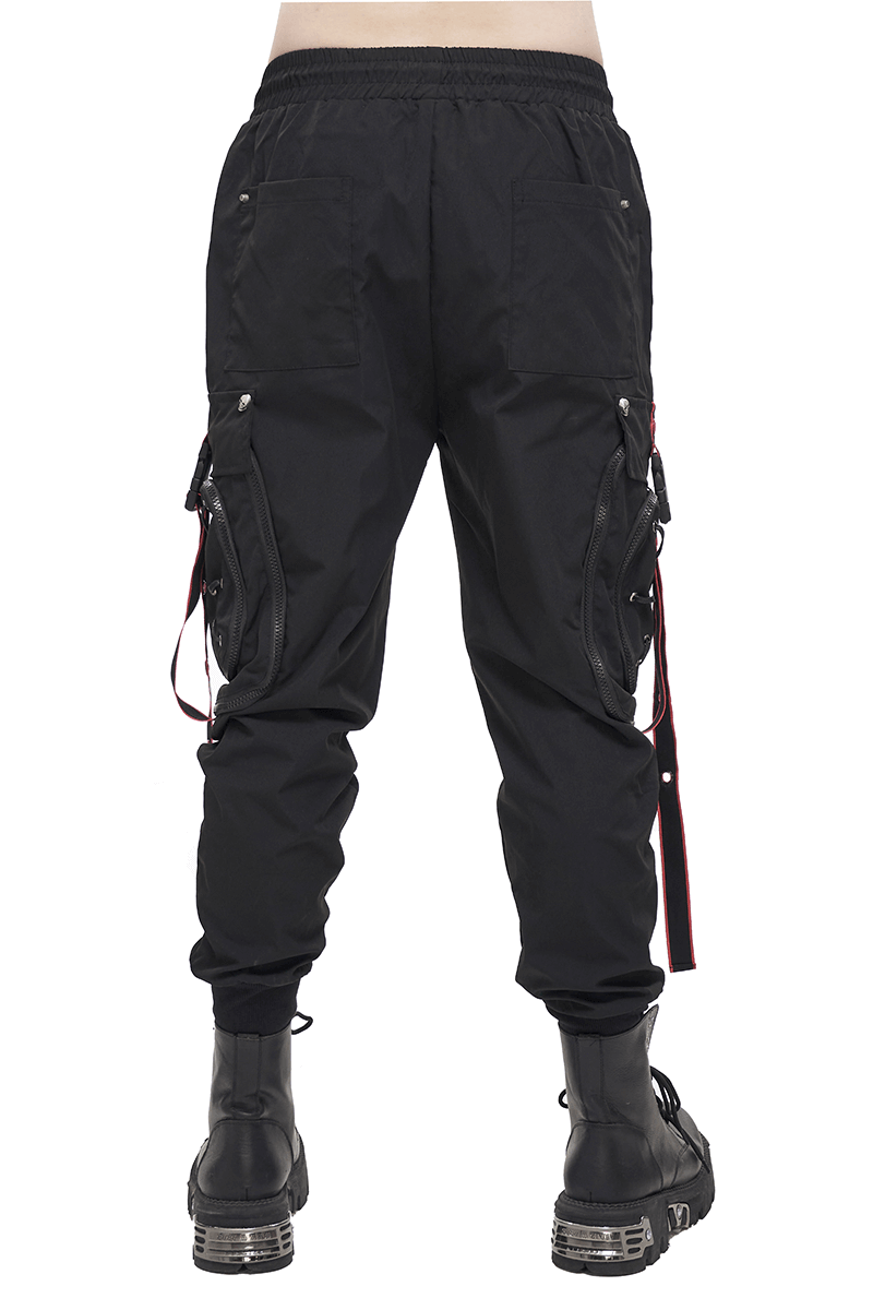 Men's Black Punk Long Cargo Trousers / Fashion Male Pants with Red Accents On Waist And Side Straps - HARD'N'HEAVY